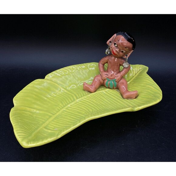 Gilner Pottery Happy Cannibal Native Pixie Elf Dish Banana Leaf - Picture 1 of 10